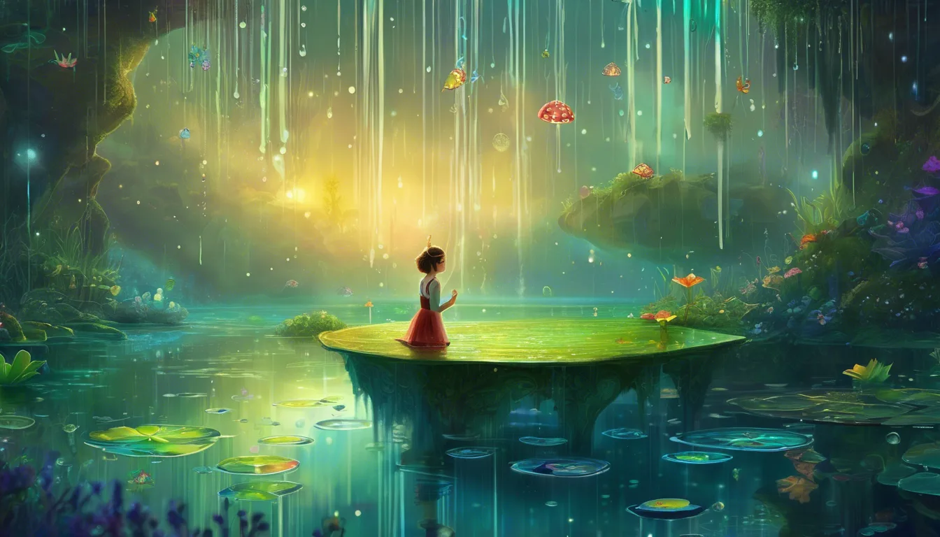 A girl in a red dress stands on a floating lily pad in a mystical, vibrant pond, surrounded by glowing flowers and cascading light.