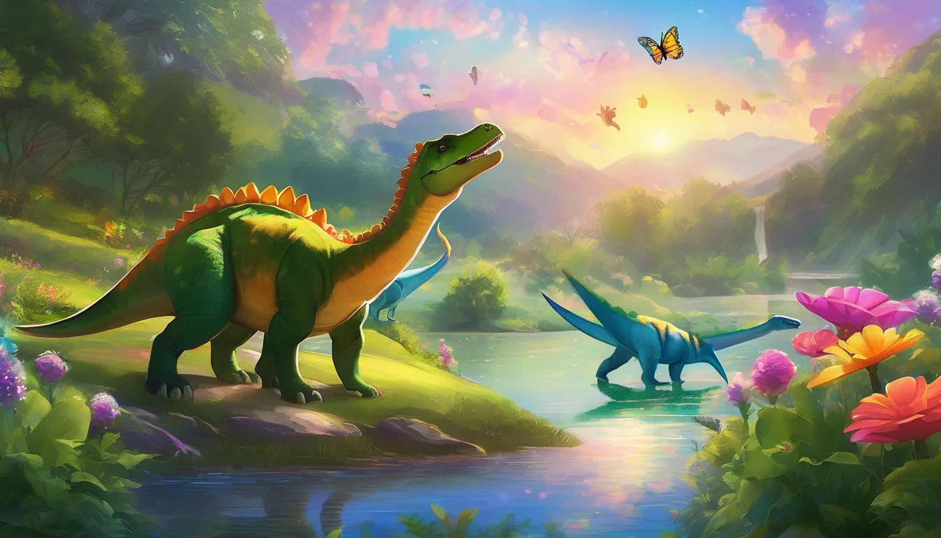 Two dinosaurs by a river, one encouraging the other, with a third cheering from a sunny meadow.