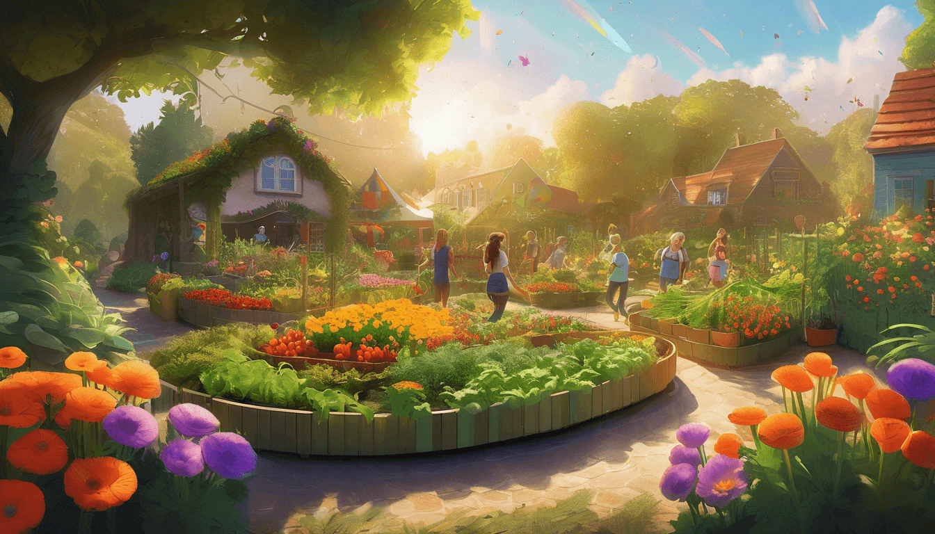 Alt: Colorful community garden with smiling carrot-shaped creatures playing among flowers and plants.