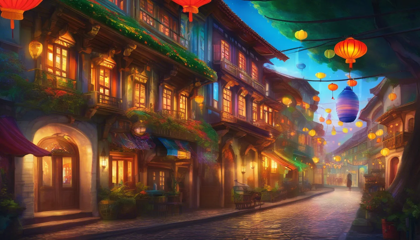 A colorful chameleon on stage in a glowing, magical town.