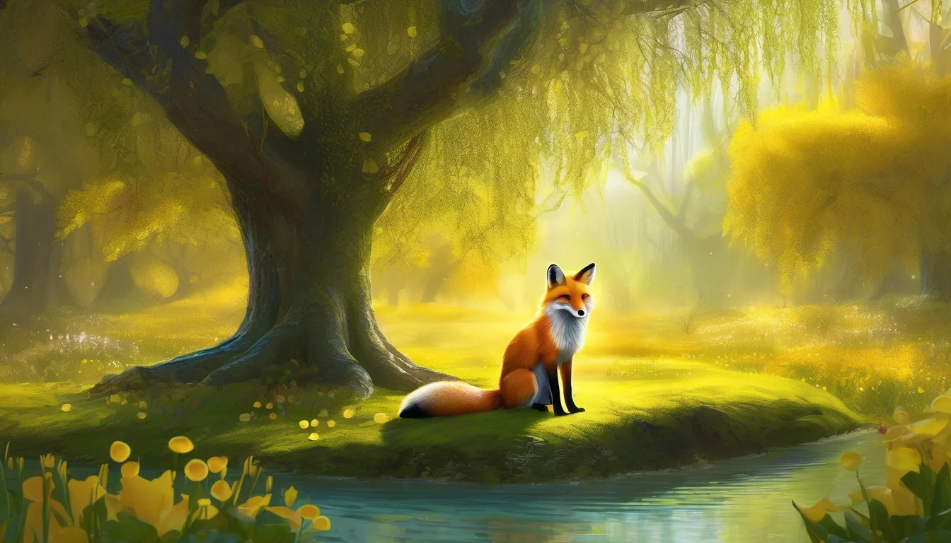 Alt: A fox and mouse study a glowing map beside a gentle dragon under a willow tree in a magical forest clearing.