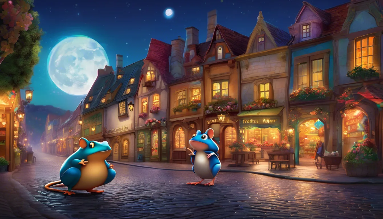 A toad and mouse dancing on a cobblestone street under a glowing moon.
