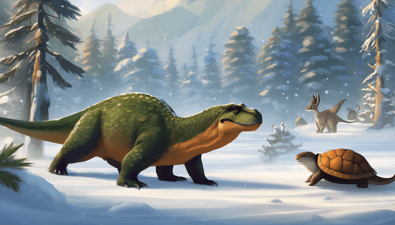 A fluffy-tailed dinosaur in snowy landscape with animals staying warm.