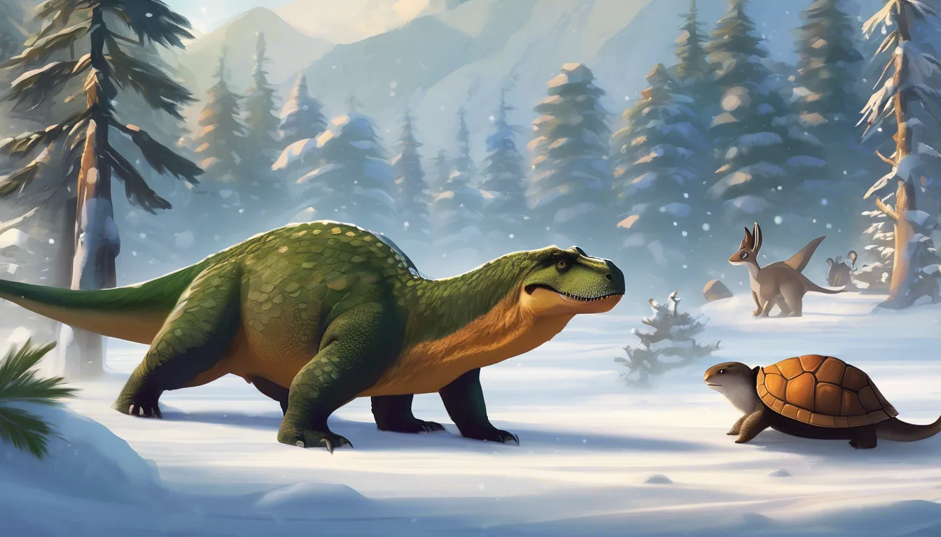 A fluffy-tailed dinosaur in snowy landscape with animals staying warm.