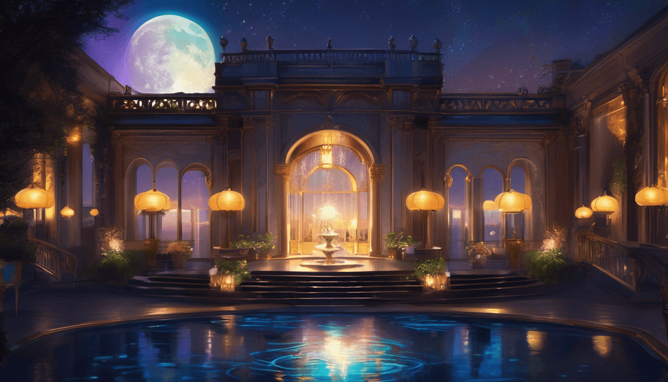 Alt: Girl watching elegantly dressed animals dance in a moonlit, lantern-lit ballroom beneath a fountain.