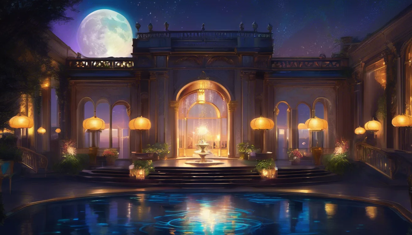 Alt: Girl watching elegantly dressed animals dance in a moonlit, lantern-lit ballroom beneath a fountain.