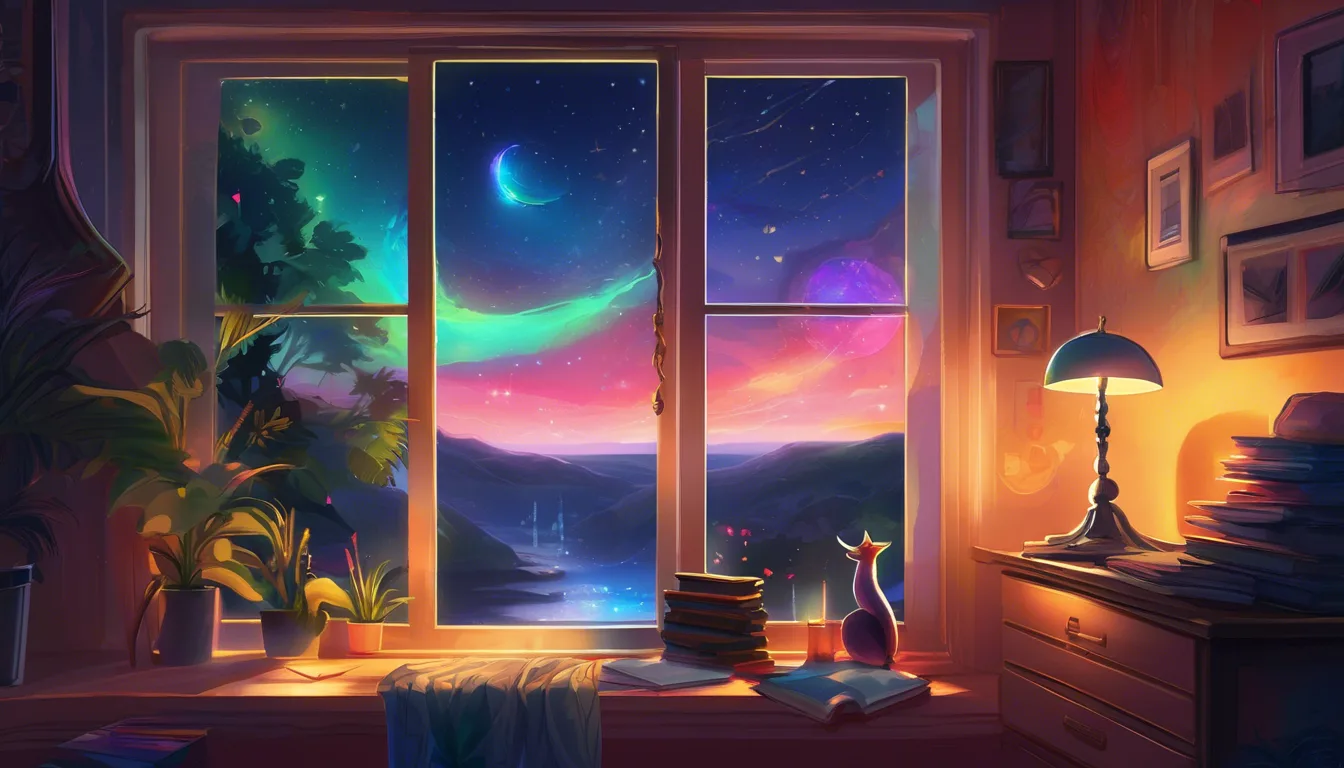 Alt: Figure using a telescope in a cozy room at night, colorful dream wisps in the sky.
