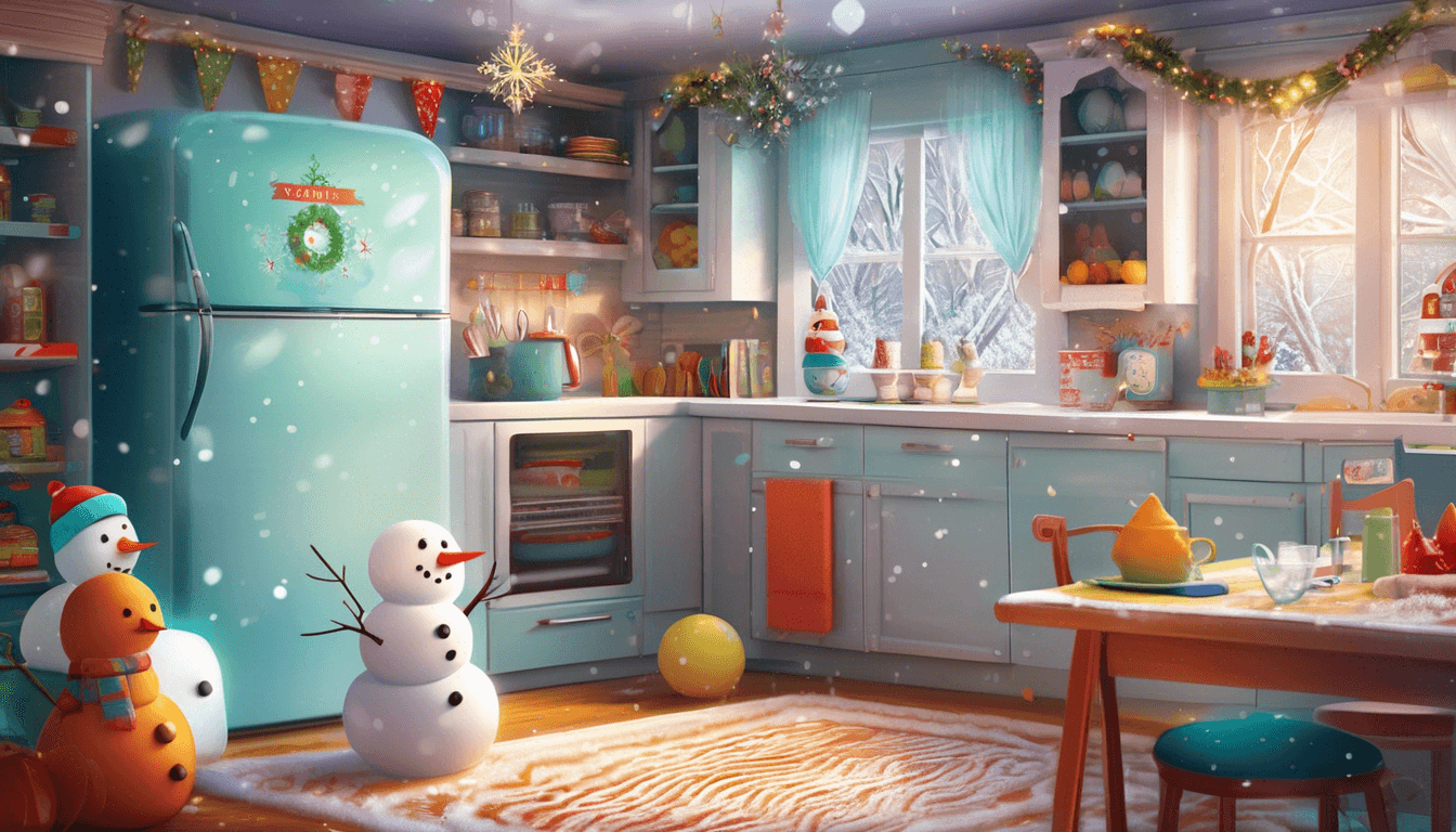 Alt: Two girls sled near a jellybean ice rink in a wintery kitchen with snowmen and magical appliances.