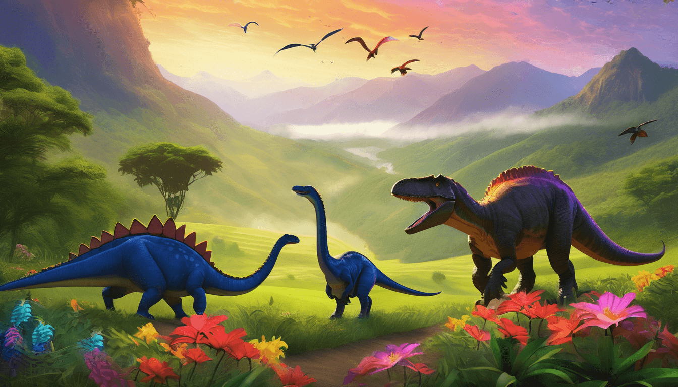 Alt: Friendly dinosaurs walking through green valleys with flowers and butterflies.