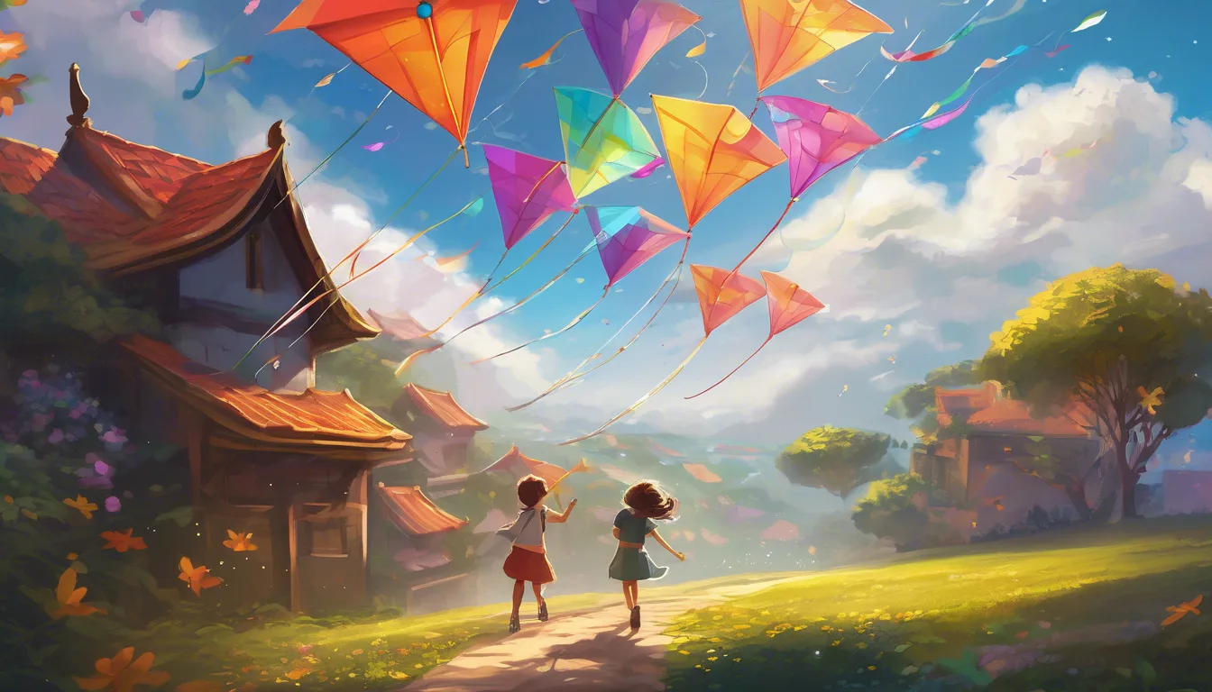 Two children standing in a vibrant landscape, watching colorful kites soar against a bright blue sky filled with fluffy clouds.