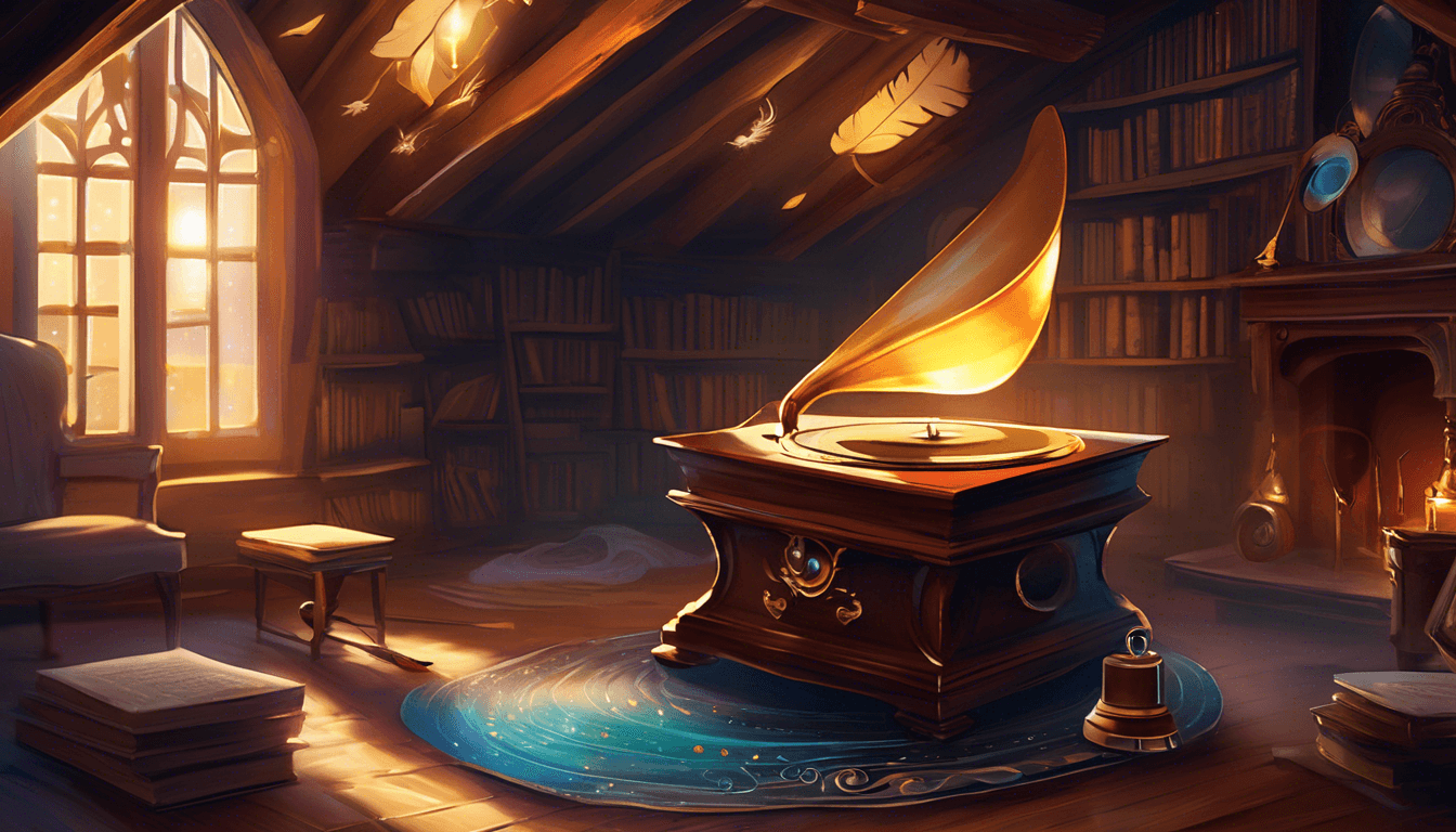 Alt: Cozy attic with a gramophone, glowing bell, feather, star, and magical portals.
