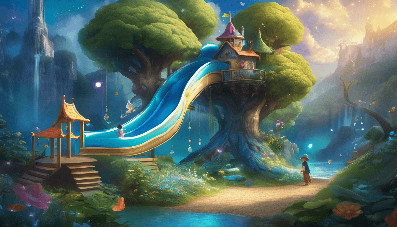 Alt: Shimmering blue spiral slide in a magical playground with whimsical creatures and floating charms.