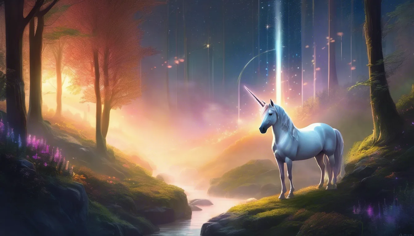 A glowing unicorn lights a misty forest path toward a village.
