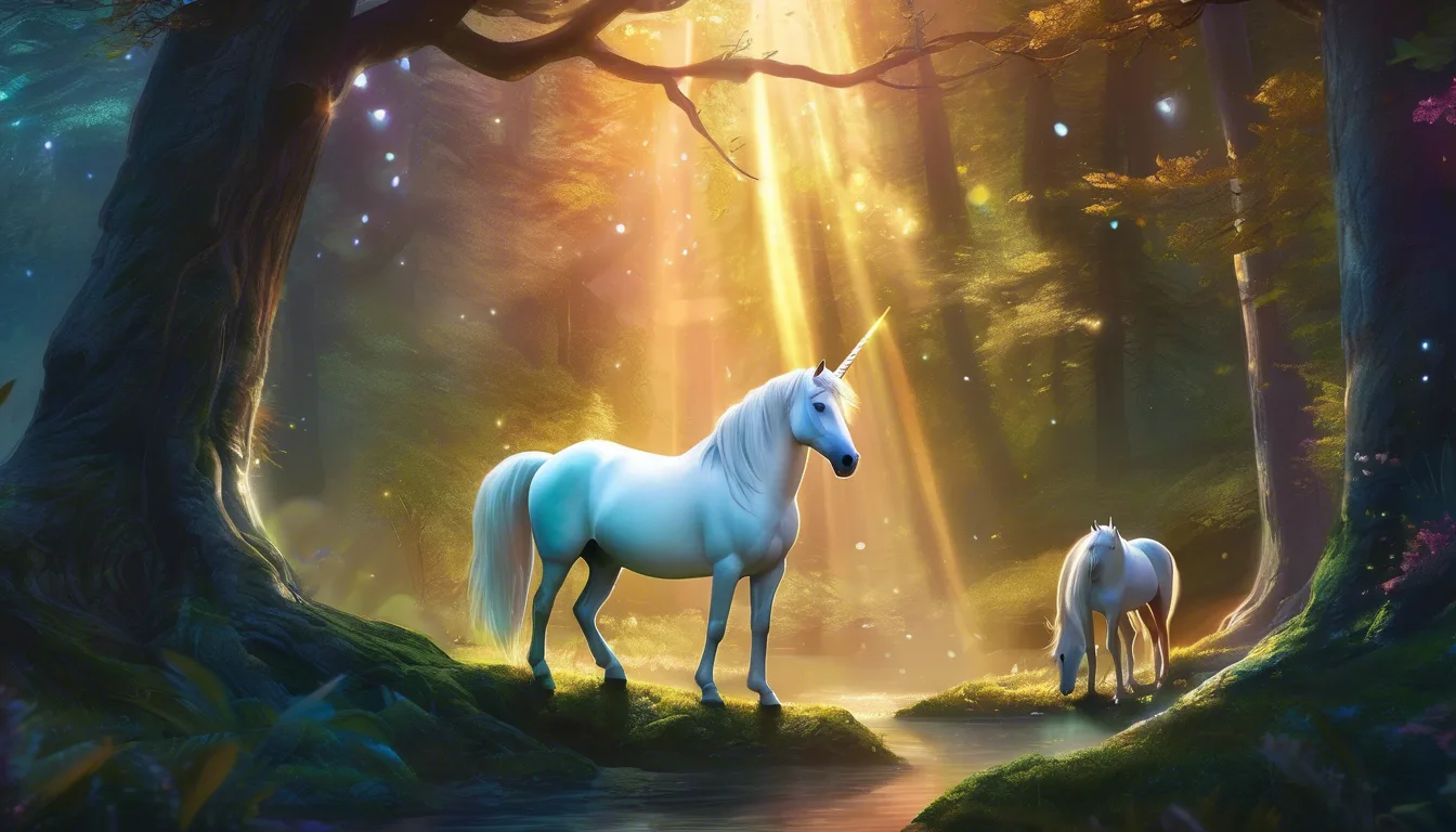 Alt: Unicorn with four kids in a glowing magical forest.