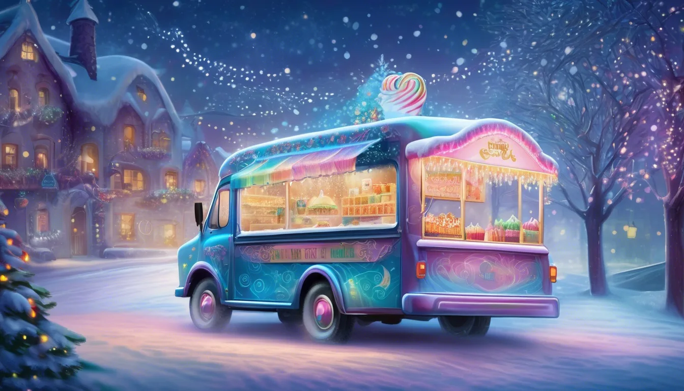 A colorful ice cream truck adorned with holiday lights and decorations drives through a snowy winter scene, with a cozy village in the background.
