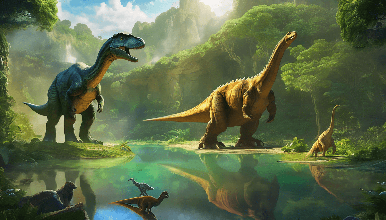 Three animal friends gaze at giant dinosaur footprints by a pond.