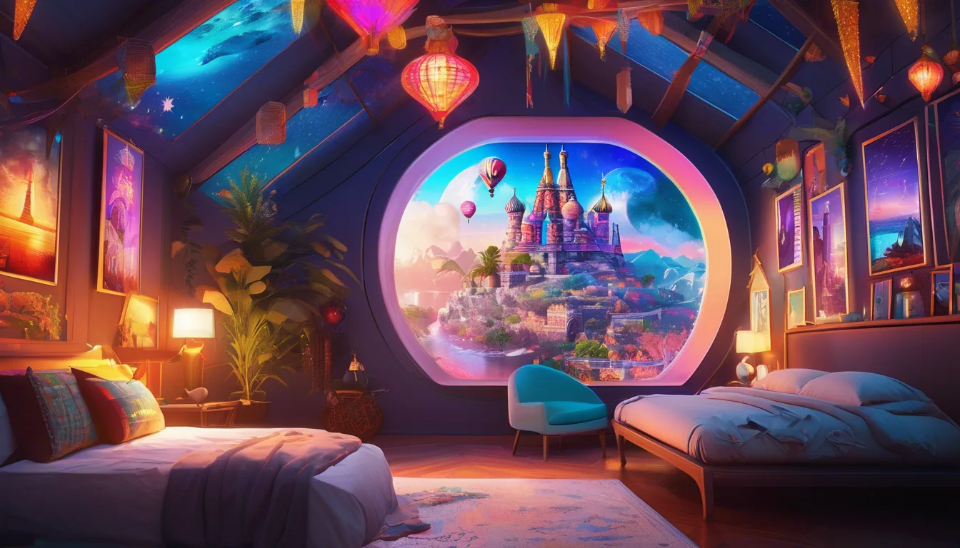 Person in a bedroom wearing a VR headset, surrounded by glowing holographic world landmarks and decorations.