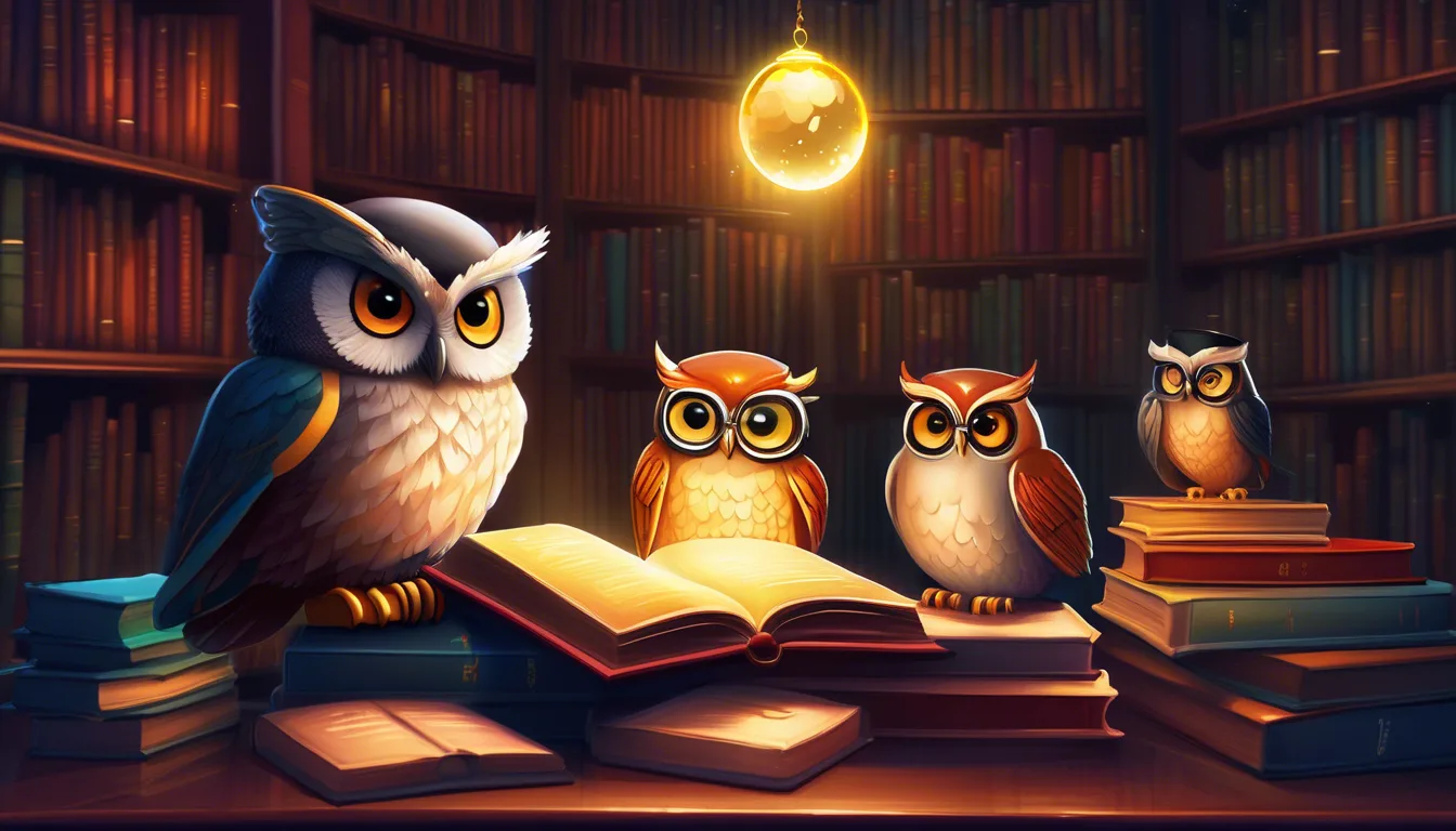 Four colorful owls sitting on a stack of books in a cozy library, illuminated by a glowing orb.