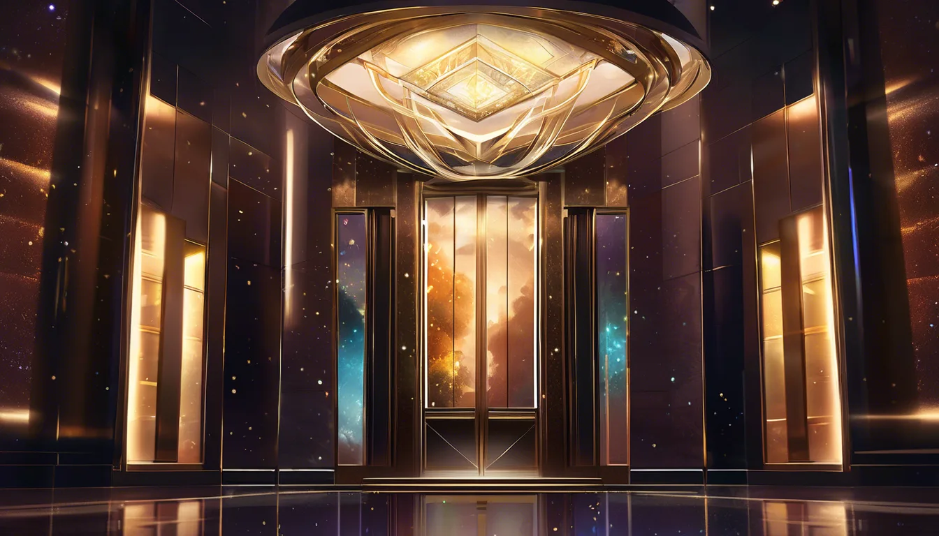 A luxurious foyer featuring a grand chandelier, polished floors, and ornate doors leading to a glowing, celestial landscape.