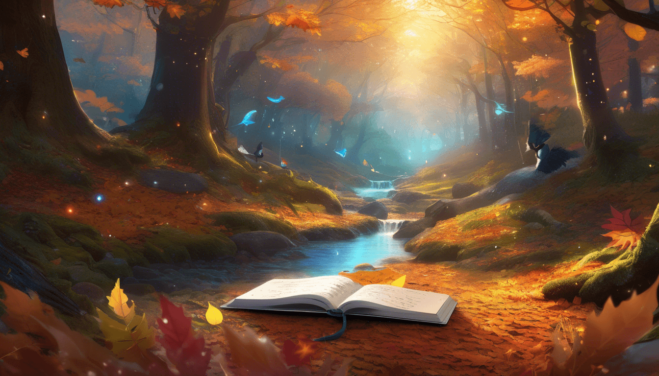 Alt: A glowing notebook among autumn leaves, woodland animals, and magical clues in a forest.