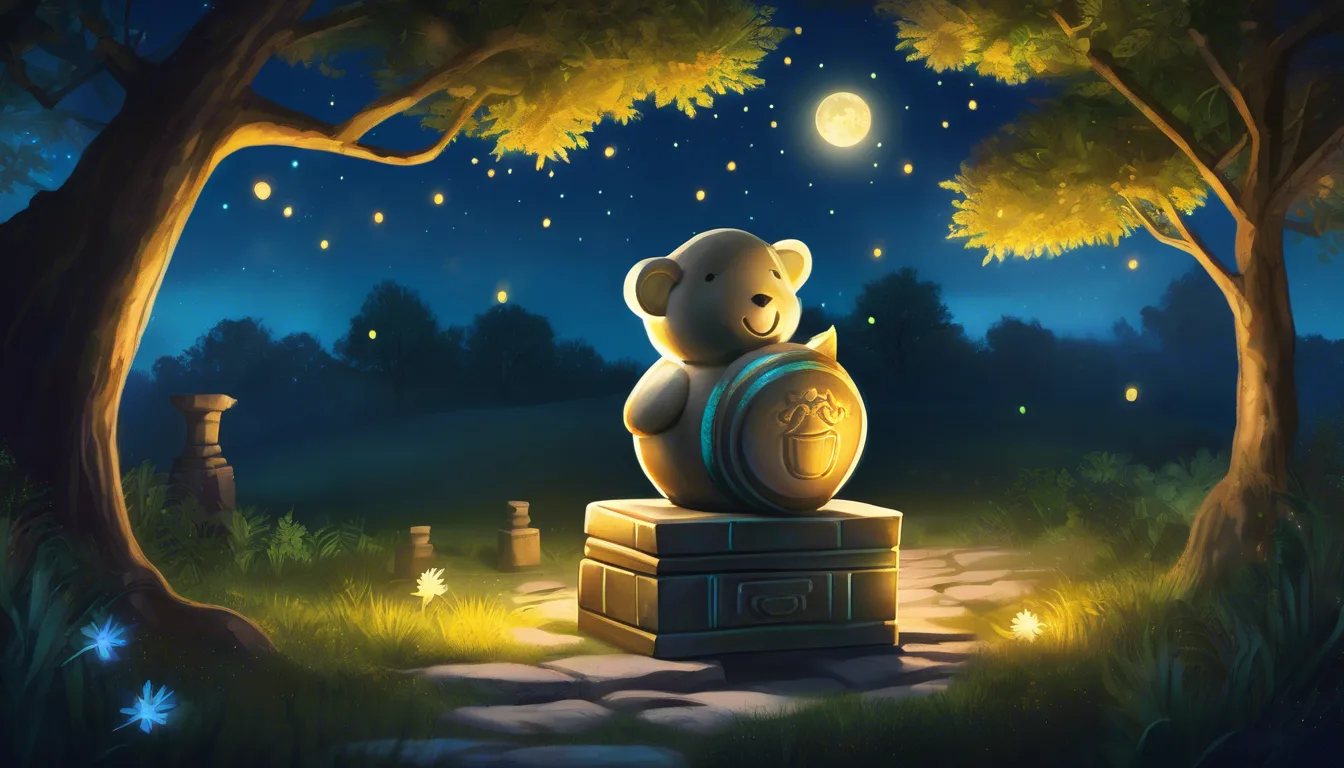 A serene nighttime scene featuring a cute teddy bear perched on a pedestal, surrounded by glowing stars and soft, illuminated trees.