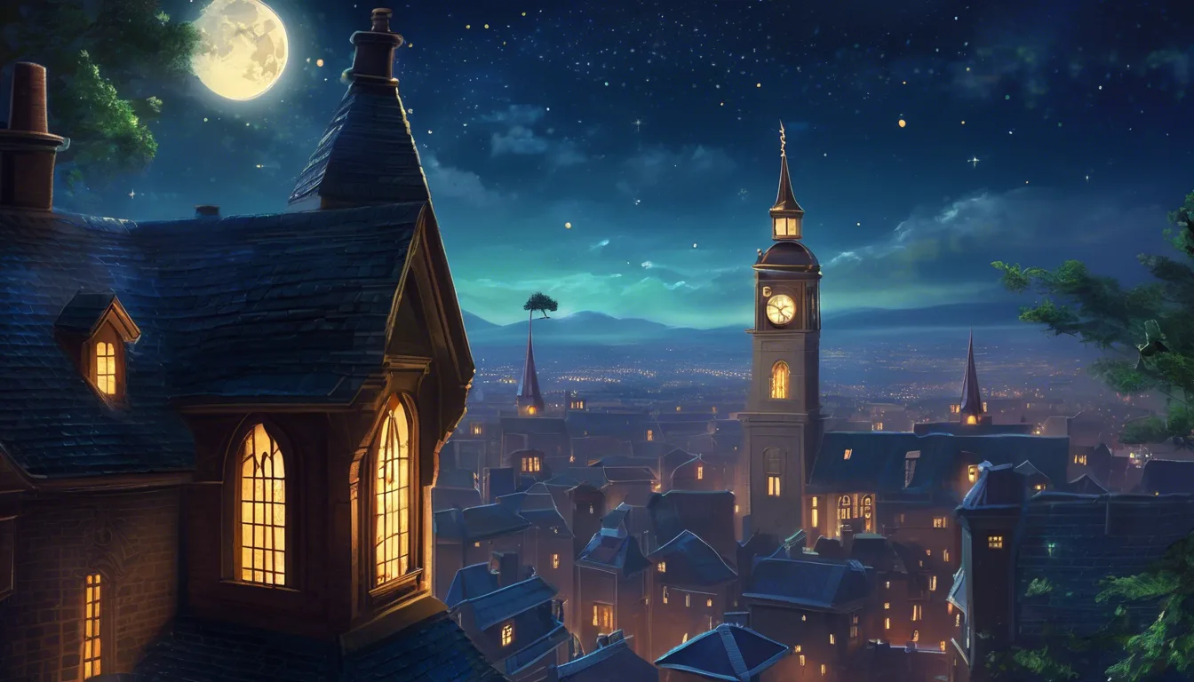 A nighttime cityscape featuring a moonlit sky, illuminated windows of a cozy house, and a clock tower in the distance.