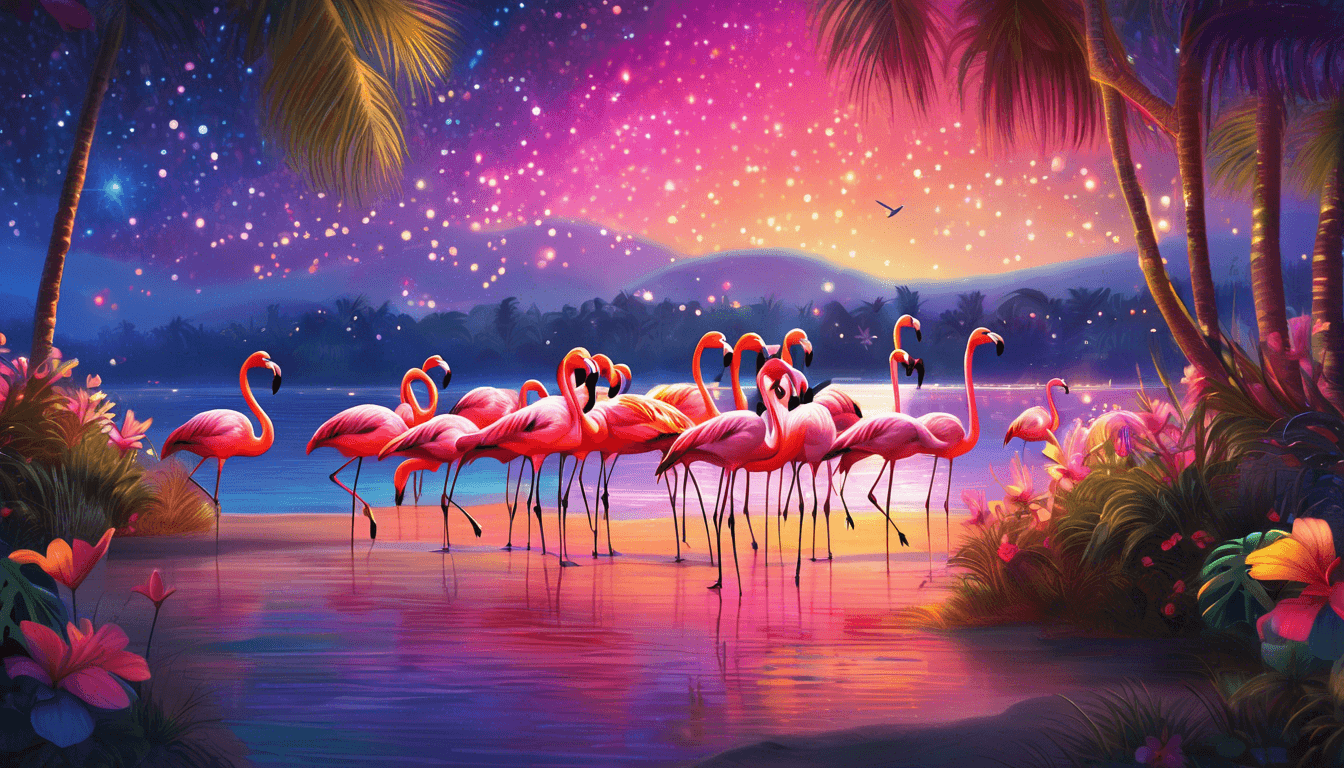 Alt: Flamingos dancing by a lakeshore at night, animals gathered under twinkling lights.
