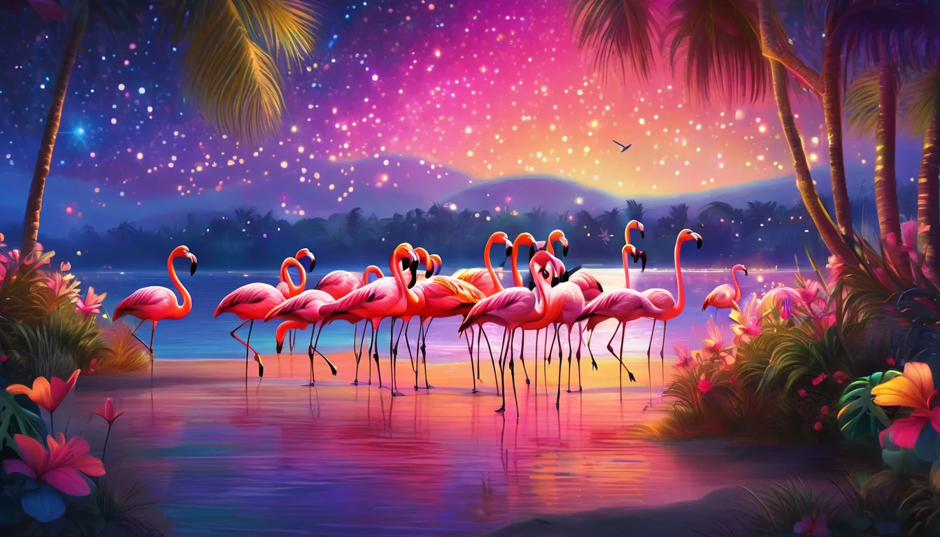 A vibrant scene featuring several pink flamingos standing in shallow water, surrounded by lush tropical foliage, under a colorful sunset sky filled with stars.
