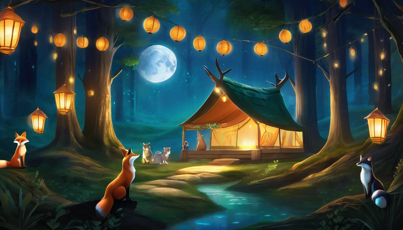 A serene forest scene at night featuring a cozy tent illuminated by lanterns, a glowing full moon, and several foxes near a tranquil stream.