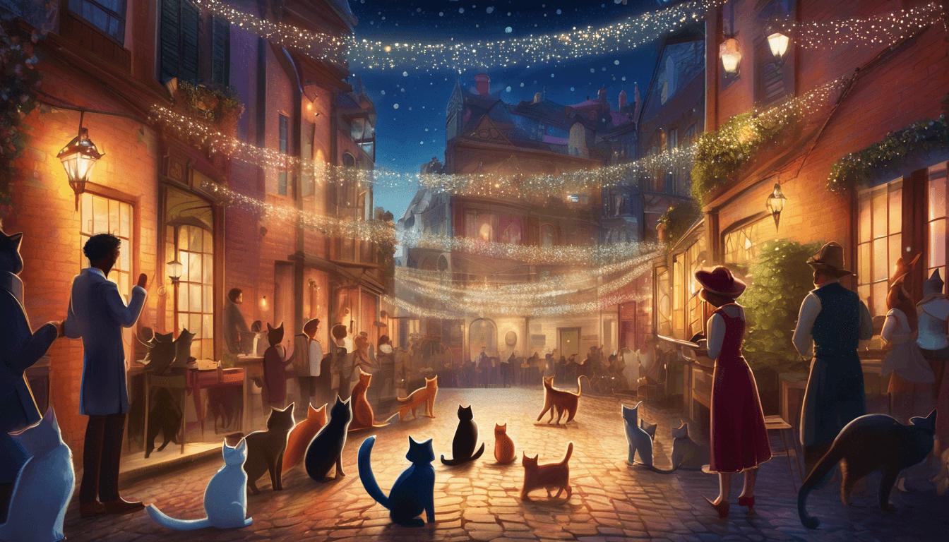 Alt: Alley cats perform a magic show under string lights for animal audience in a moonlit city alley.