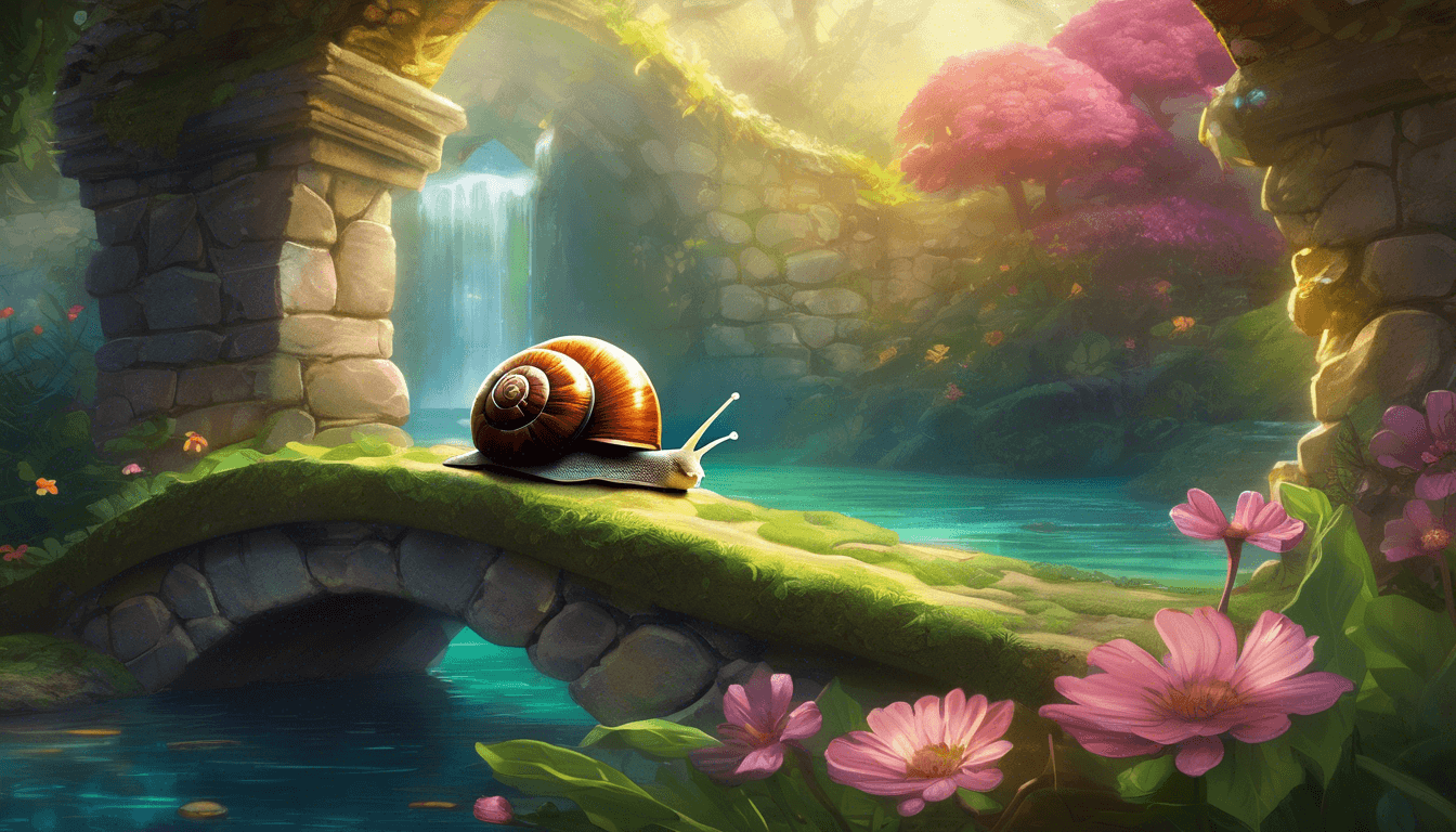 A plum-shelled snail on a stone bridge gazes at a glowing, magical garden.