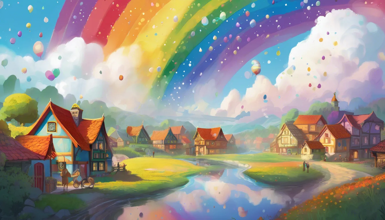 A fluffy cloud rains rainbow droplets, coloring people's and animals' hair as the town looks up in delight.