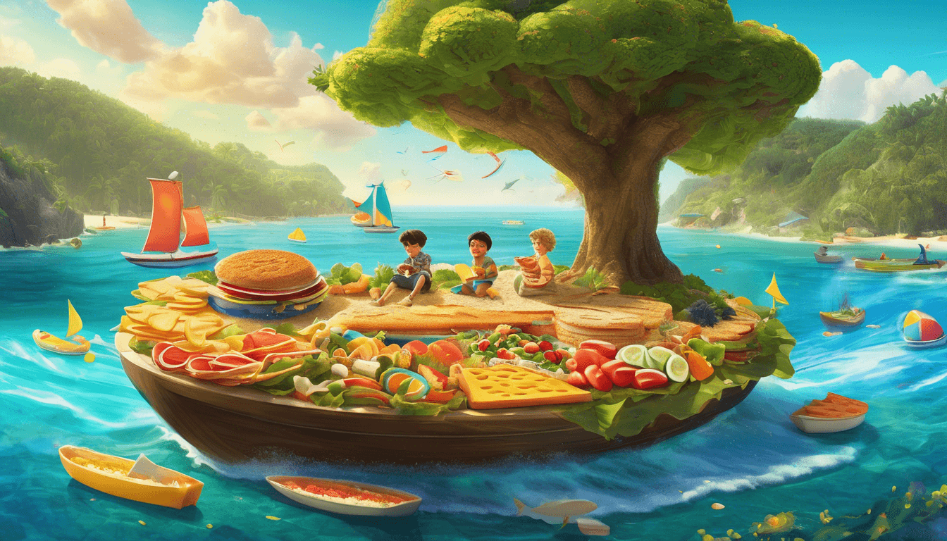 A boy and a waving sandwich on a picnic food island with sandwich trees and a soup sea.