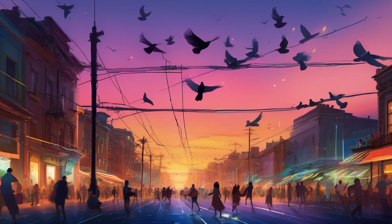 A vibrant sunset casts a colorful glow over a bustling street filled with people and flying birds, framed by buildings and power lines.