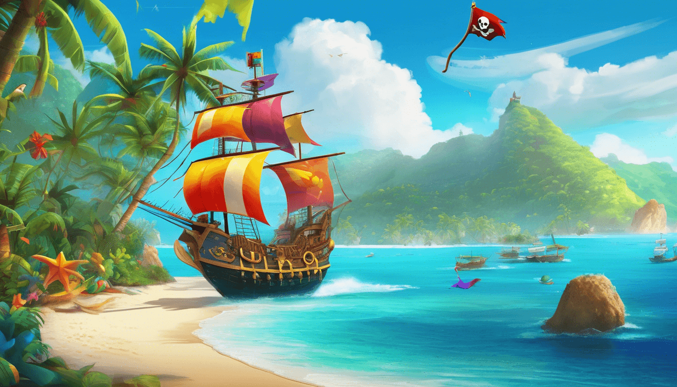 Alt: Coconut-shaped pirate ship on blue waves with parrots, crabs, and a tropical island.