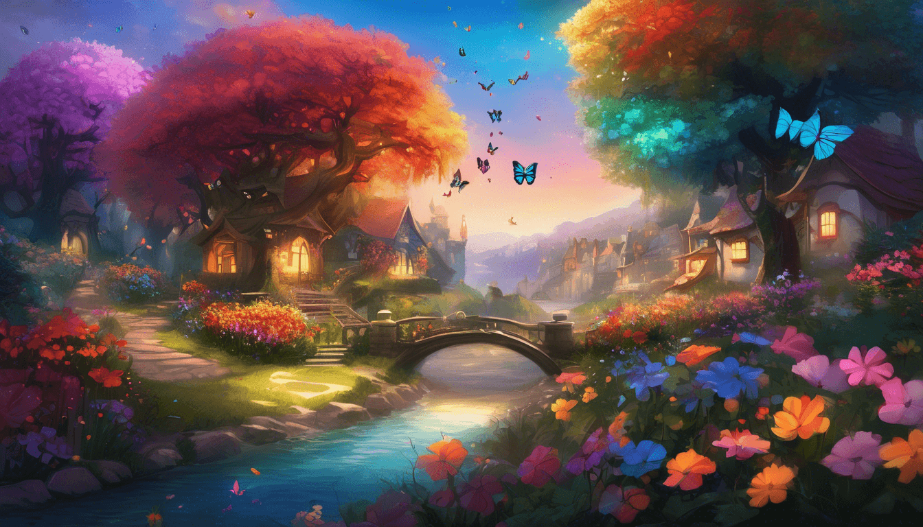 Alt: Glowing fantastical flowers and butterflies in a garden, with villagers and animals watching in awe.