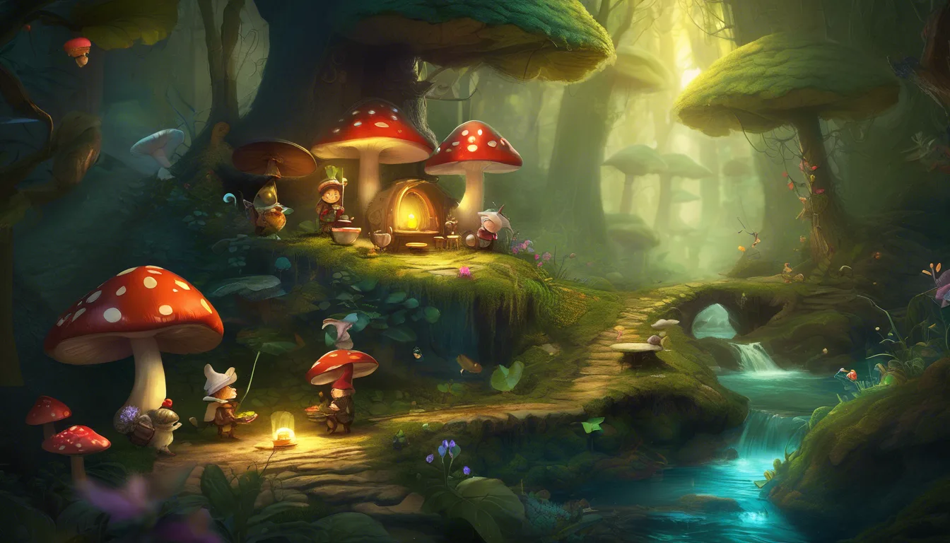A whimsical forest scene featuring small characters with umbrellas gathered around a campfire near oversized red mushrooms and a sparkling stream, illuminated by soft, dappled sunlight filtering through the trees.