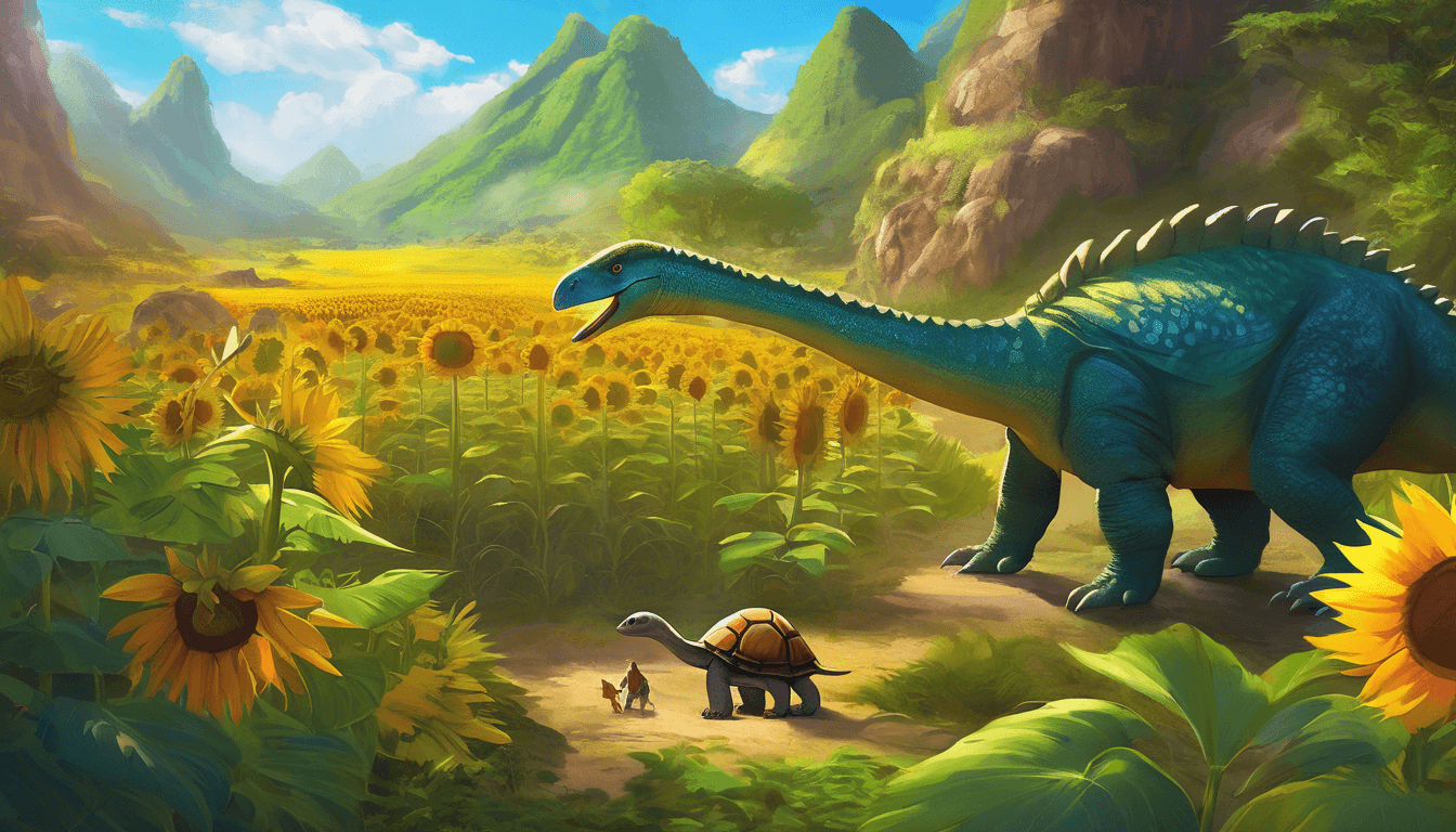Alt: Small dinosaur with animal friends in a lush, sunflower-filled prehistoric valley.