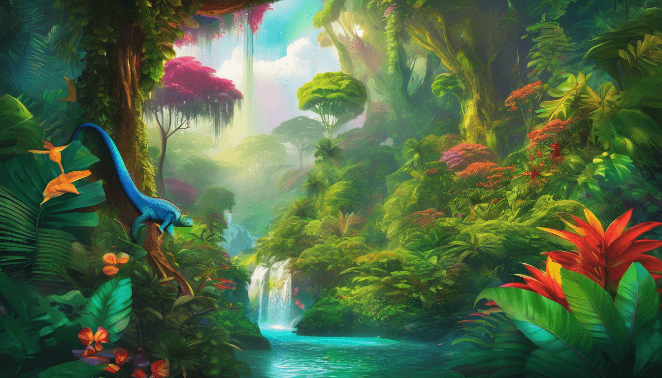 Alt: Colorful rainforest with chameleons blending into vibrant plants.