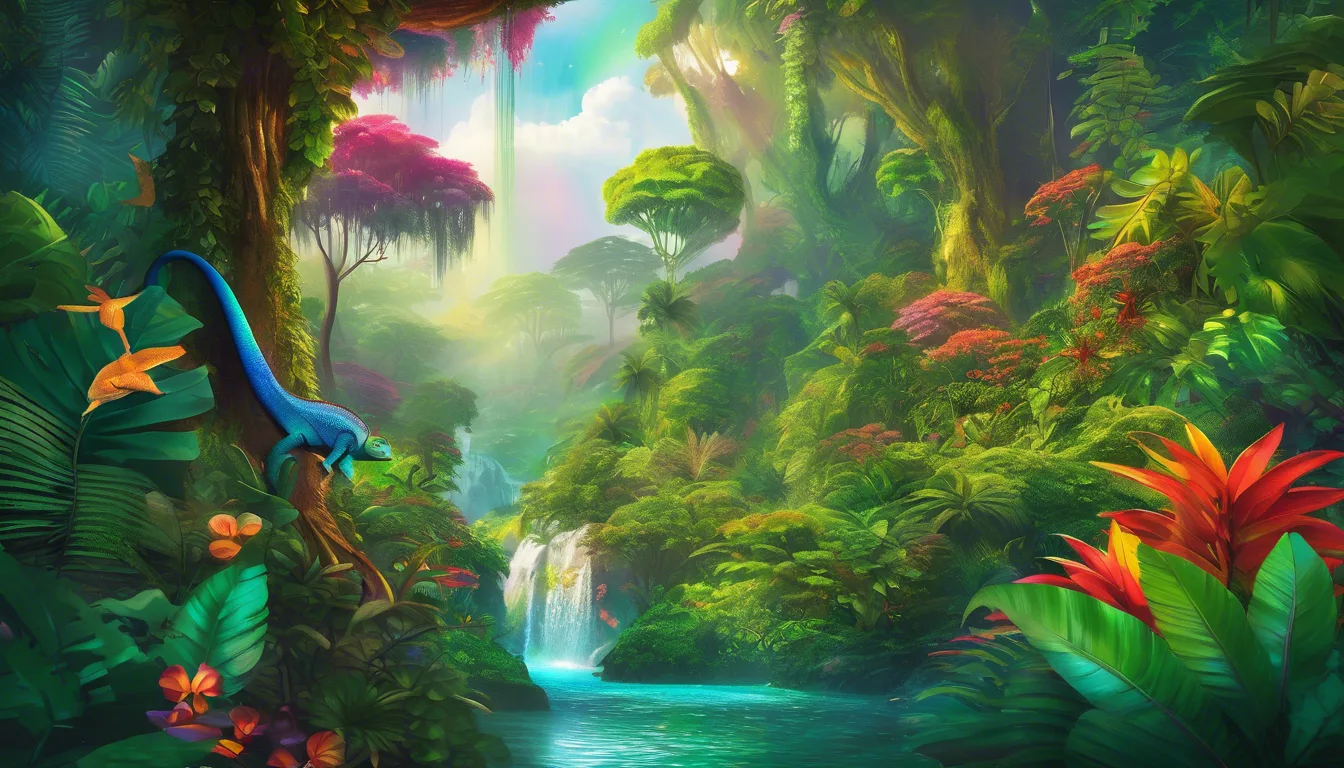 Alt: Colorful rainforest with chameleons blending into vibrant plants.