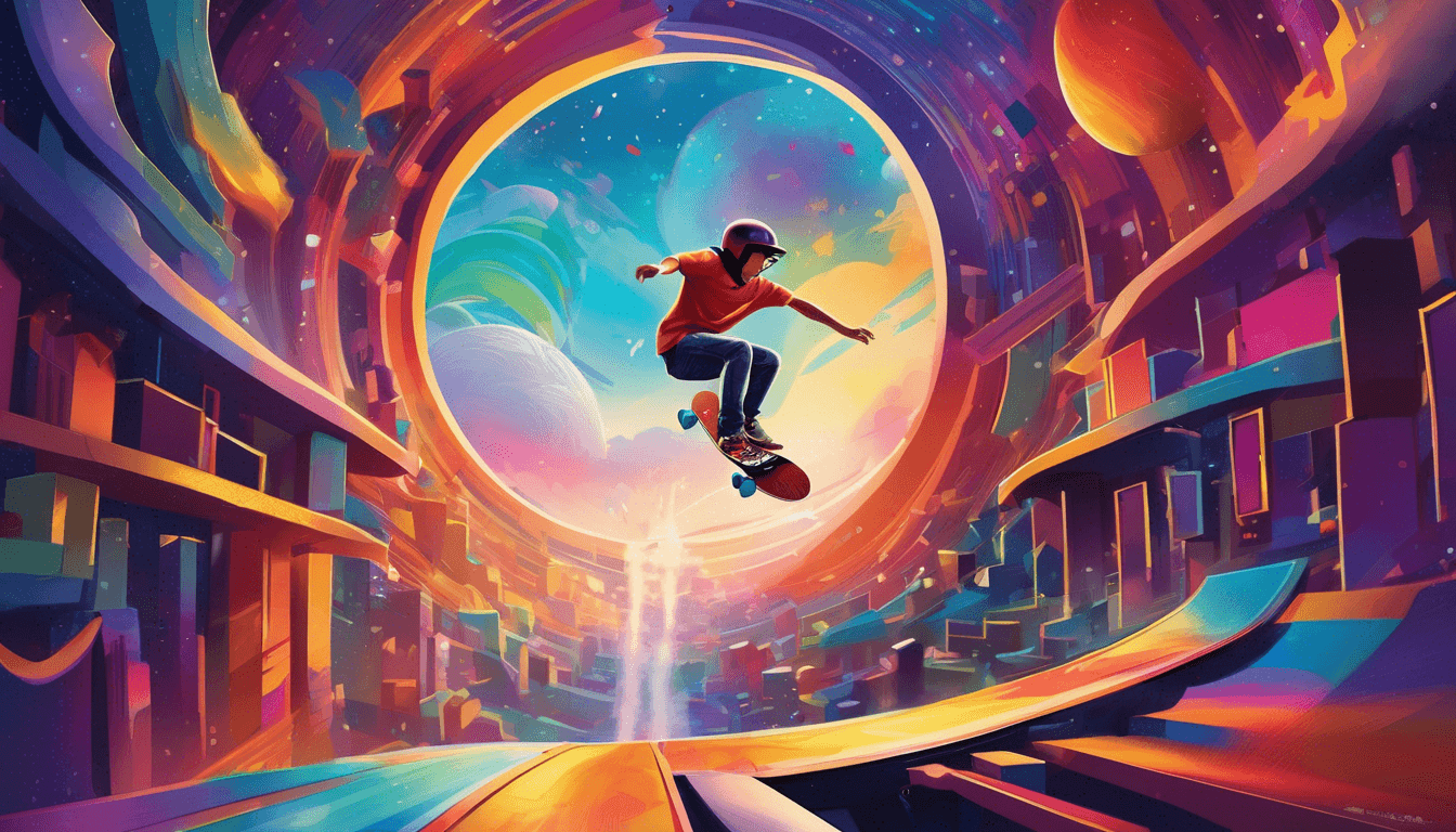 A skateboarder launches off a ramp into a colorful, swirling portal with vibrant fantasy worlds.