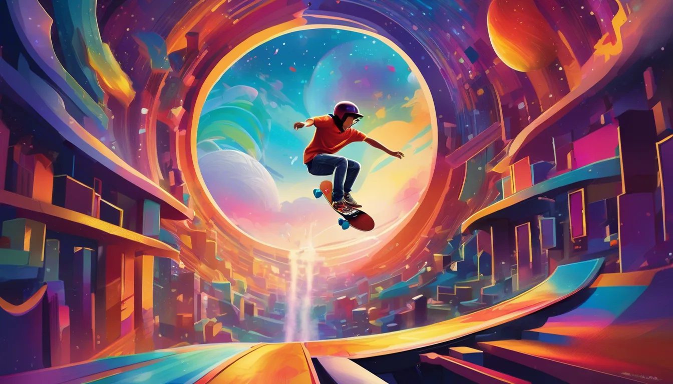 A skateboarder launches off a ramp into a colorful, swirling portal with vibrant fantasy worlds.