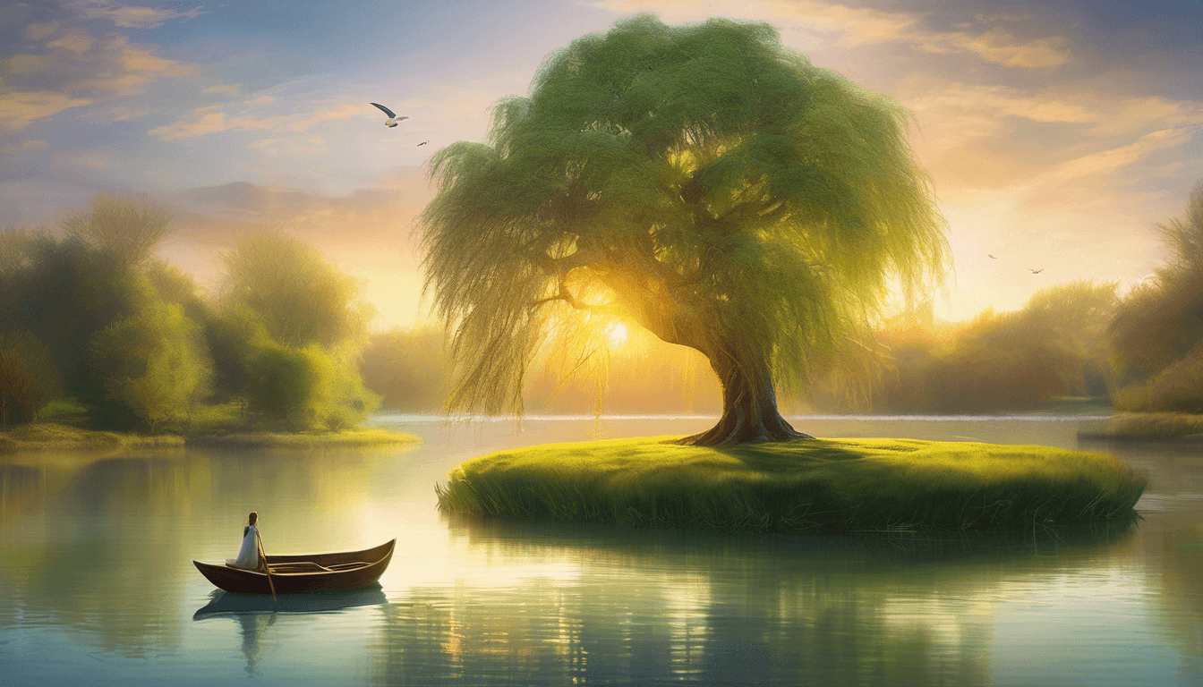 Alt: Magical willow tree by a pond with ducks and glowing boats carrying illuminated scrolls.