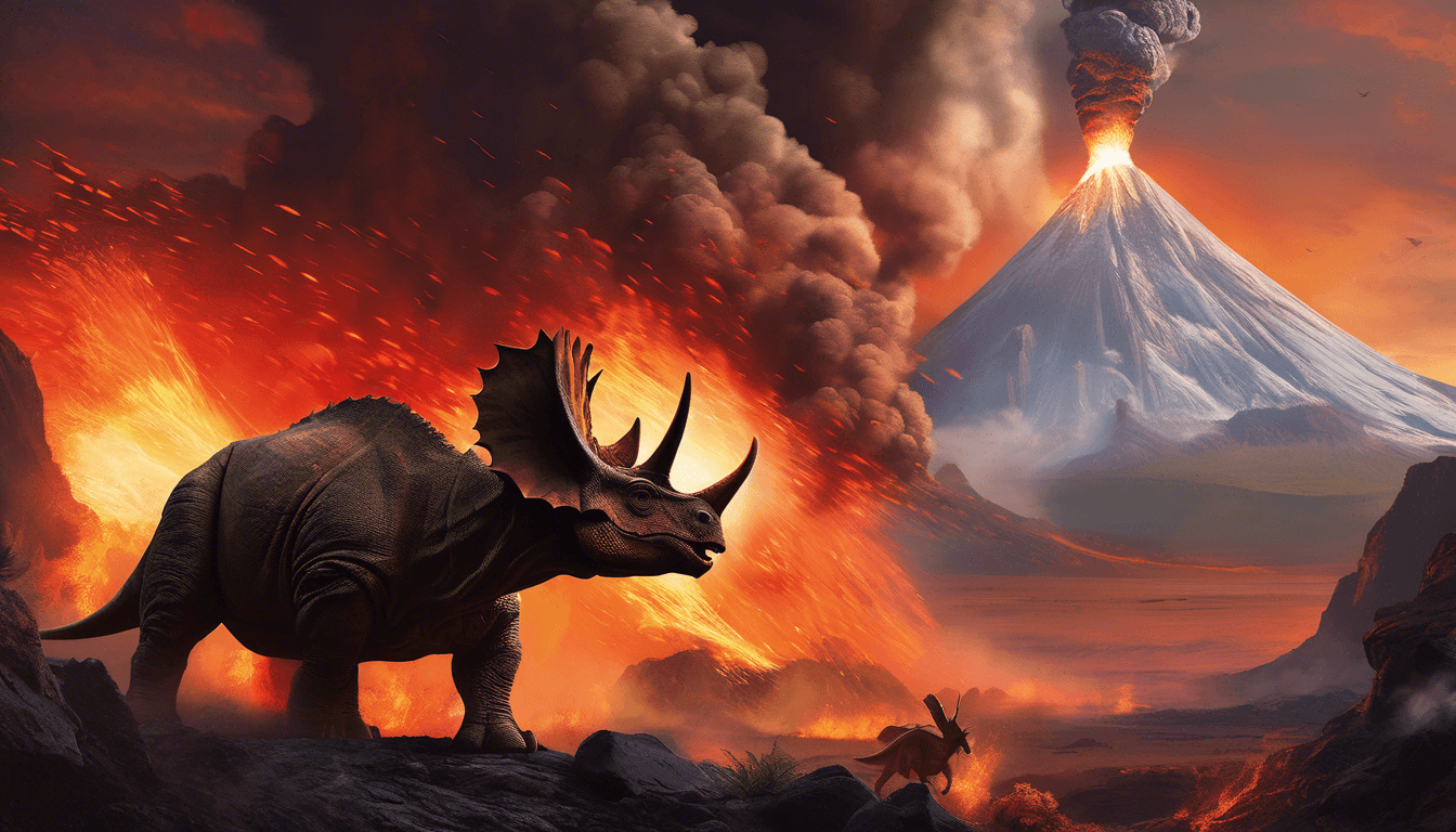 Triceratops and raptors helping each other across rocks with an erupting volcano behind them.