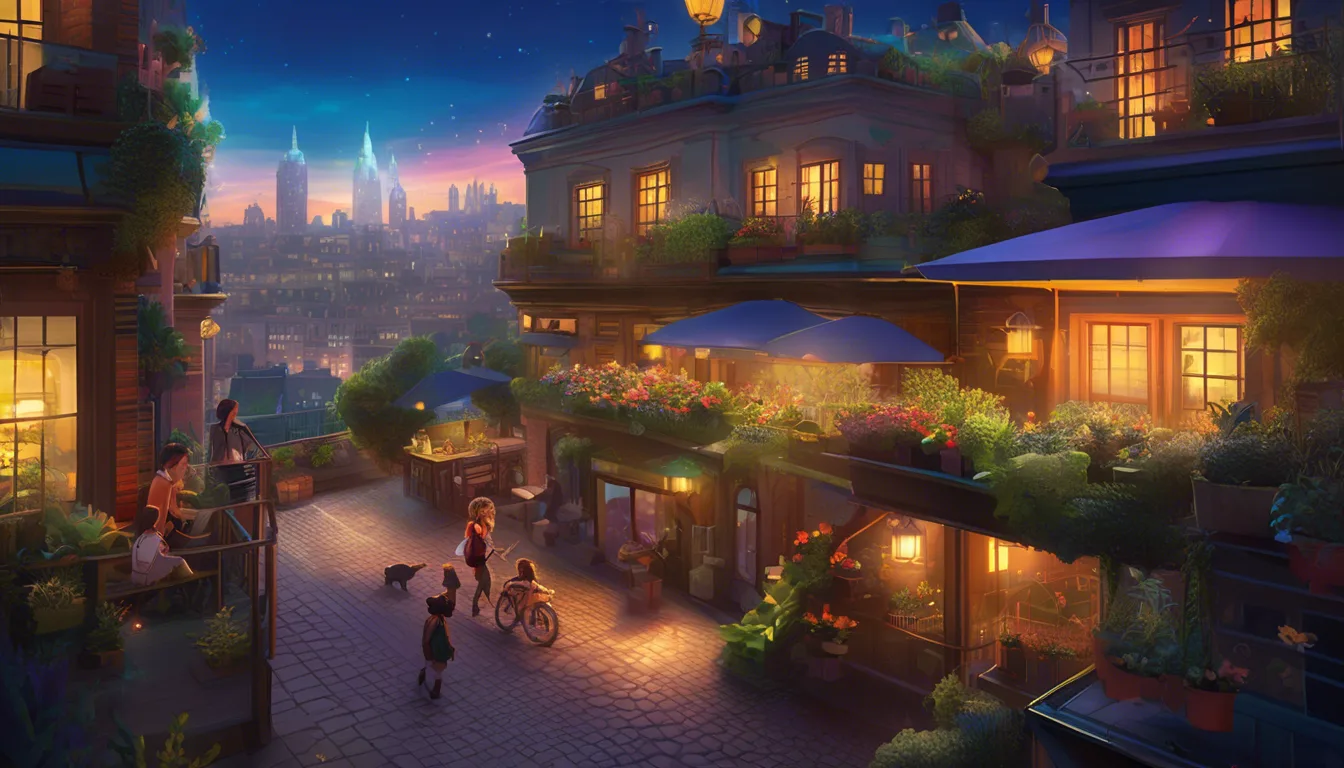 Children in boots on a city rooftop at twilight, with animals and hidden gardens, under a magical sky.
