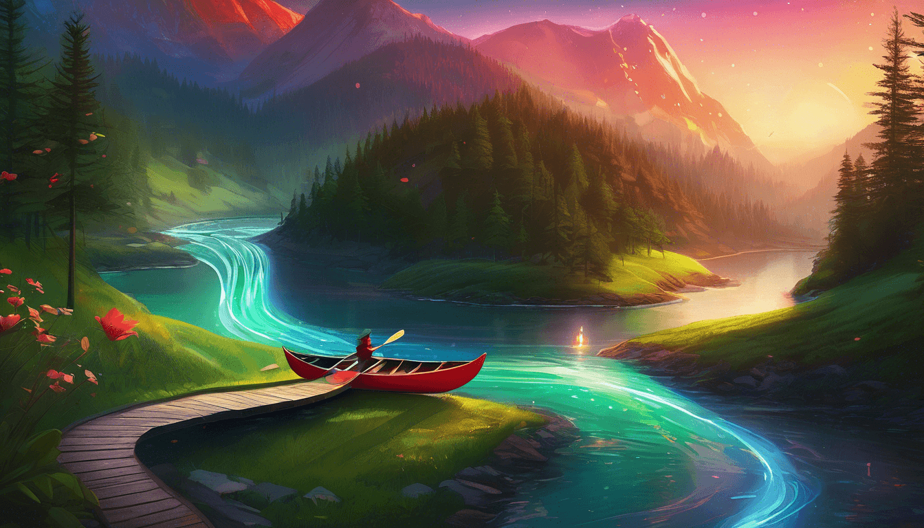 A serene landscape depicting a person in a red canoe on a winding river, surrounded by lush greenery and majestic mountains under a colorful sunset sky.