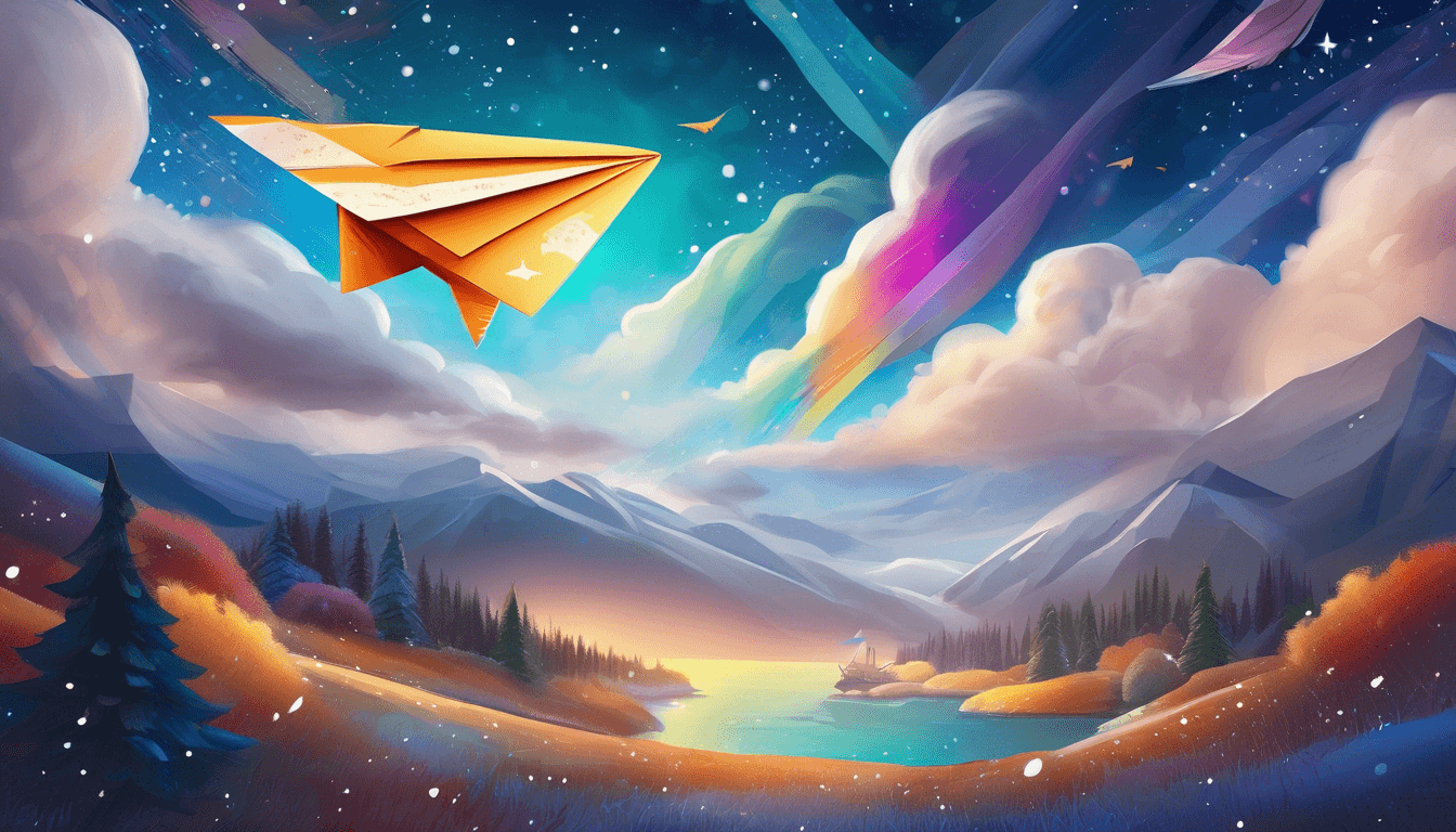 Alt: Magical paper airplane flying through a starlit sky with clouds, snowflakes, umbrellas, and northern lights.