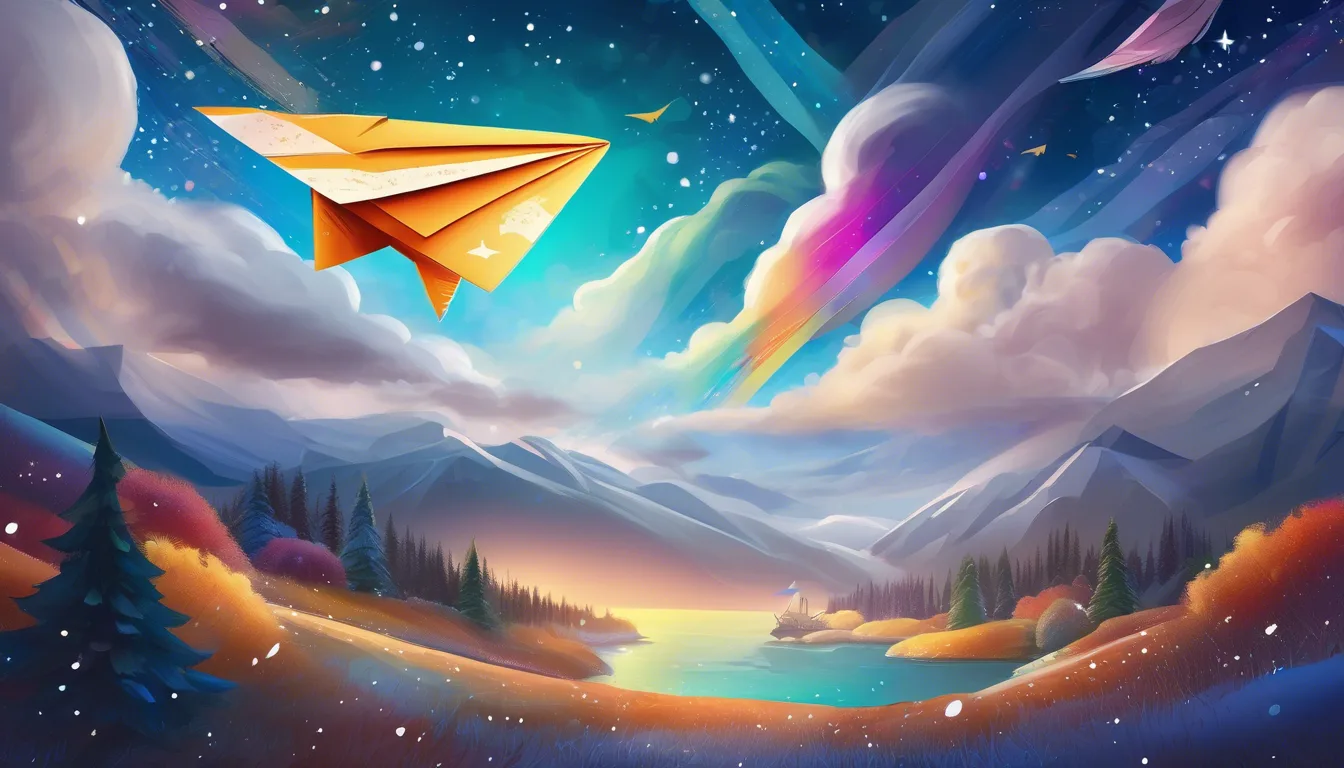 Alt: Magical paper airplane flying through a starlit sky with clouds, snowflakes, umbrellas, and northern lights.