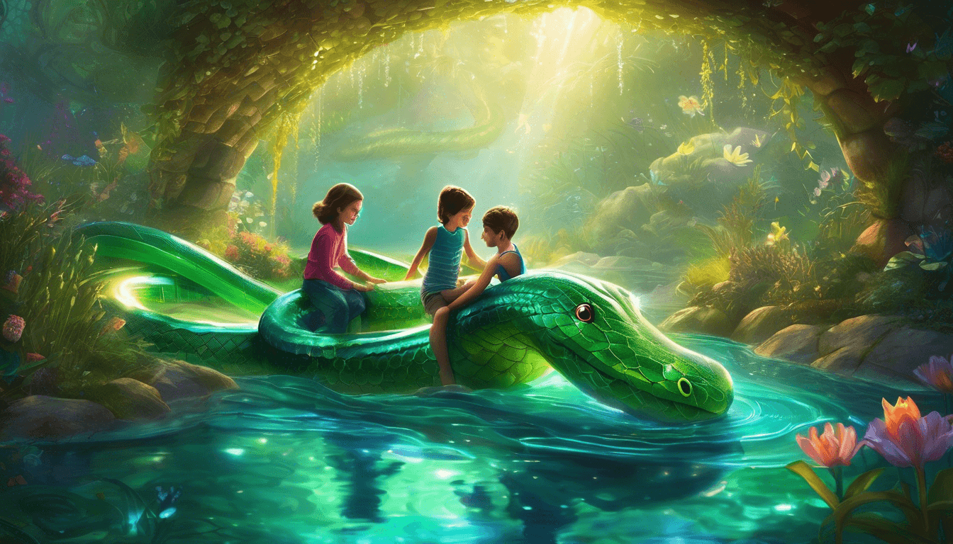 Two siblings ride a watery serpent hose into a glowing backyard tunnel, with magical creatures around.