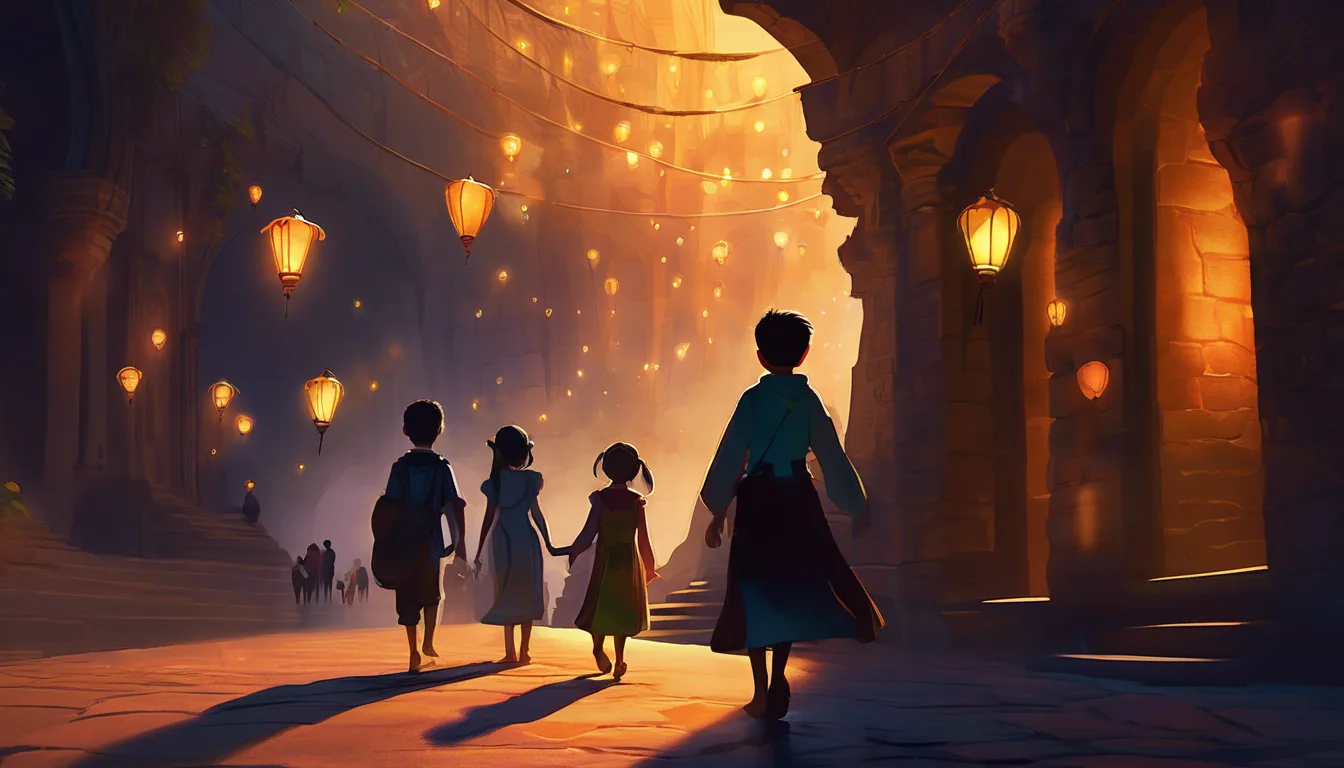 Two siblings watch their dancing shadows in a glowing underground city with shadow beings celebrating.